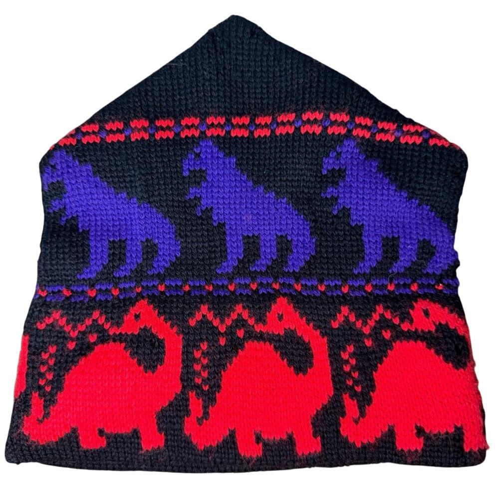 Vintage Capello Dinosaur Beanie Hat Winter Wool Purple Red Canada 90s Gorpcore